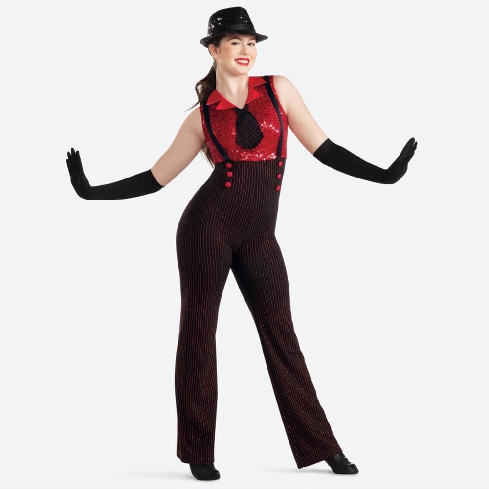 Red and black jazz dance costume with hat